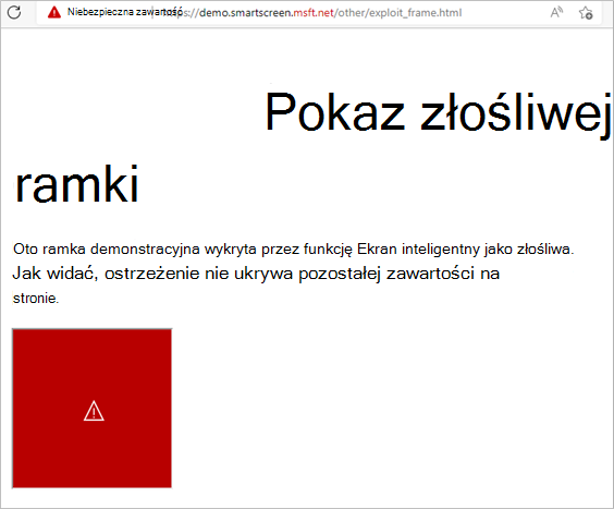 Pokaz sposobu, w jaki filtr SmartScreen reaguje na ramkę na stronie, która została wykryta jako złośliwa. Zablokowana jest tylko złośliwa ramka