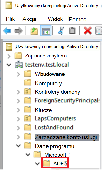 Zrzut ekranu przedstawiający kontener usług Active Directory Federation Services.