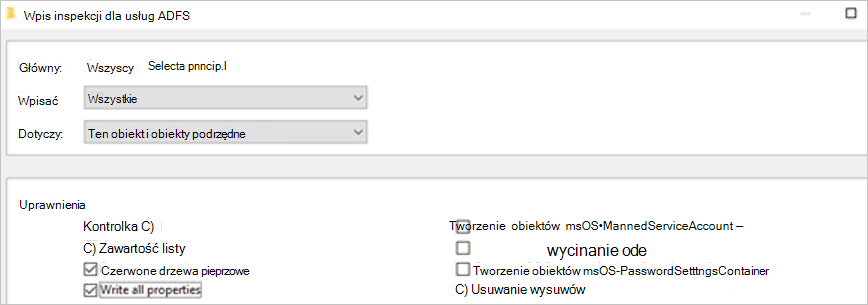 Zrzut ekranu przedstawiający ustawienia inspekcji usług Active Directory Federation Services.