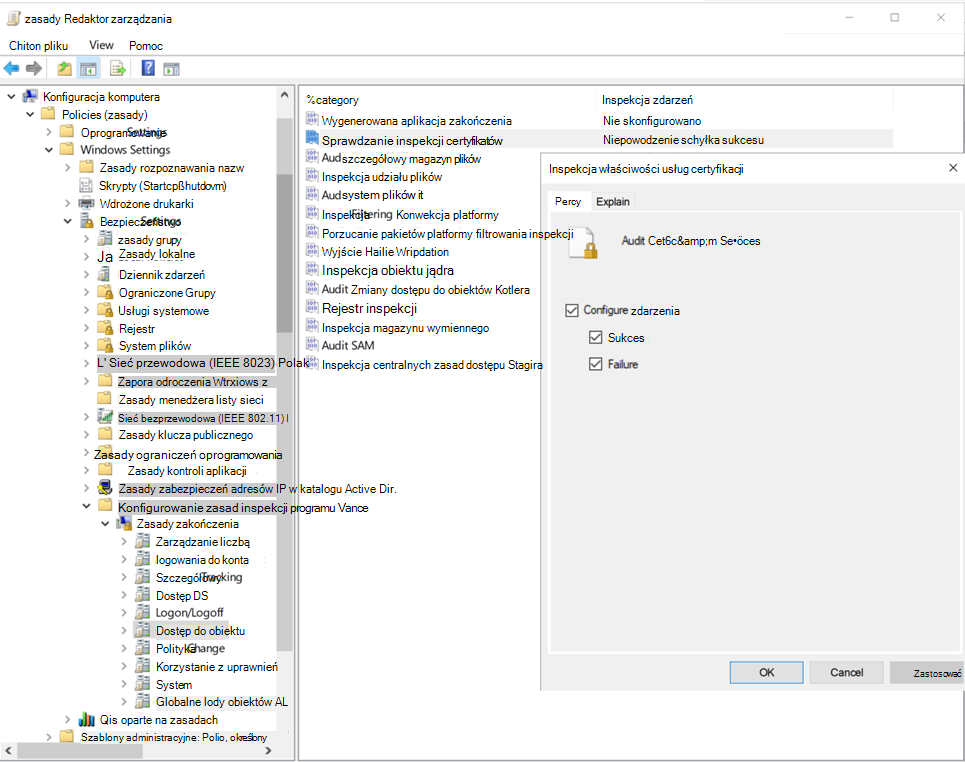 Zrzut ekranu przedstawiający konfigurowanie zdarzeń inspekcji dla usług certyfikatów Active Directory w Edytorze zarządzania zasadami grupy.