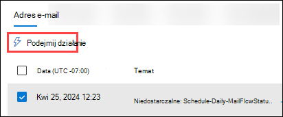 Zrzut ekranu przedstawiający widok Email (kartę) tabeli szczegółów z wybranym komunikatem i aktywnym działaniem.