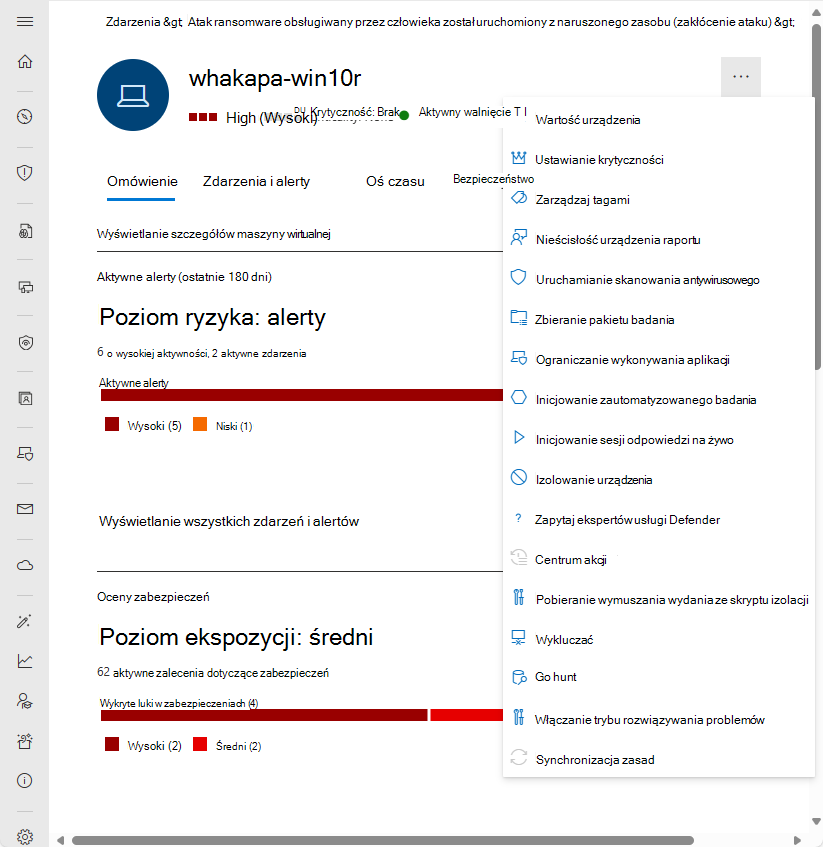 Zrzut ekranu przedstawiający pasek akcji strony jednostki urządzenia w portalu Microsoft Defender.