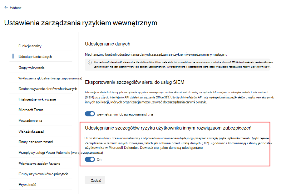 Wyróżnianie ustawienia w portalu usługi Microsoft Purview wymaganego do wyświetlania alertów o ryzyku wewnętrznym w Defender XDR.