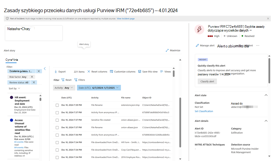 Przykład alertów o ryzyku wewnętrznym z Zarządzanie ryzykiem wewnętrznym w Microsoft Purview.