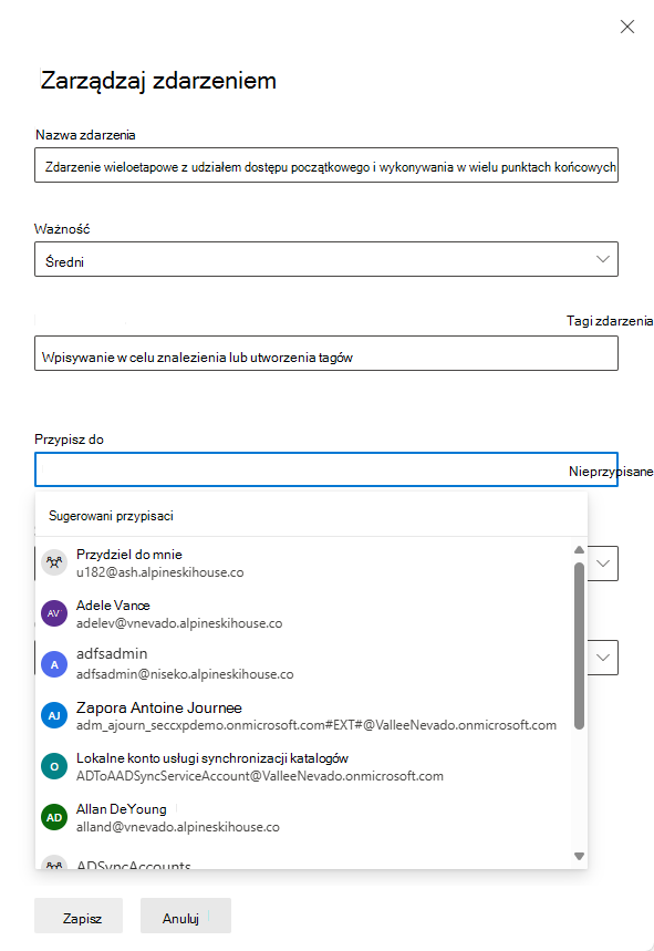 Zrzut ekranu przedstawiający sposób przypisywania właściciela w okienku Zarządzanie incydentami w portalu Microsoft Defender.