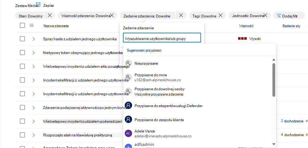 Zrzut ekranu przedstawiający sposób wyświetlania zdarzeń przypisanych do właściciela na stronie kolejki zdarzeń w portalu Microsoft Defender.