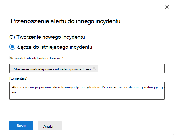 Zrzut ekranu przedstawiający dodawanie komentarza wyjaśniającego przyczynę przeniesienia alertu.