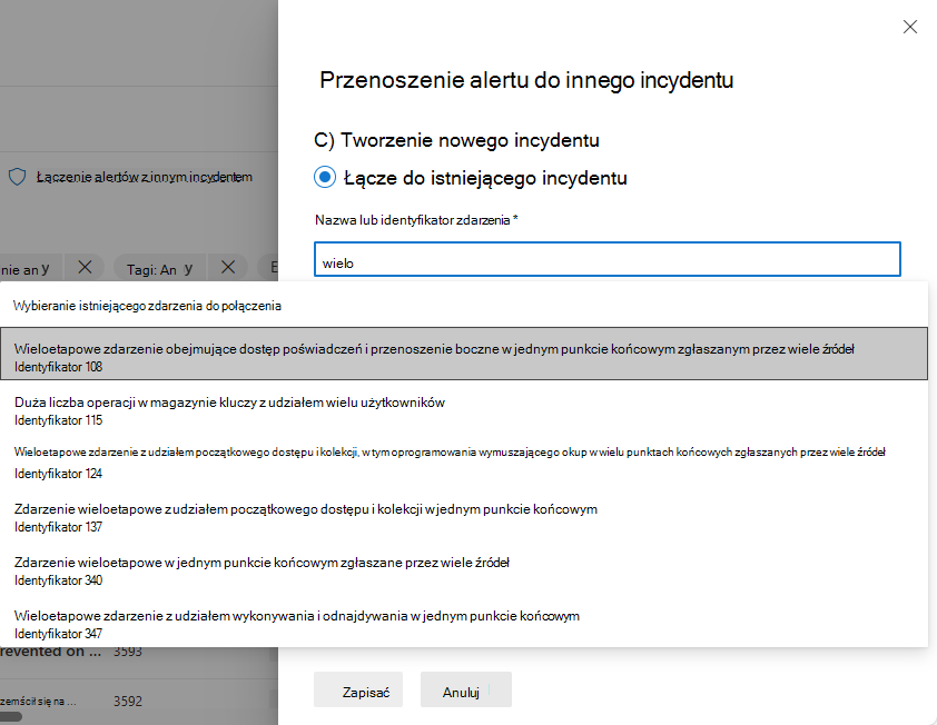 Zrzut ekranu przedstawiający wybieranie istniejącego incydentu do przeniesienia alertu.