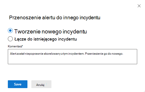 Zrzut ekranu przedstawiający wybieranie nowego incydentu do przeniesienia alertu.