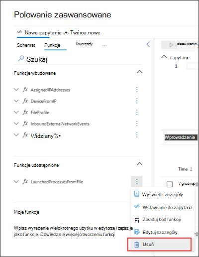 Zrzut ekranu przedstawiający sposób usuwania funkcji niestandardowej.
