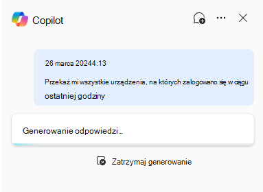 Wycinek ekranu przedstawiający zdarzenie Copilot rozwiązań zabezpieczających w zaawansowanym wyszukiwaniu zagrożeń generującym odpowiedź.