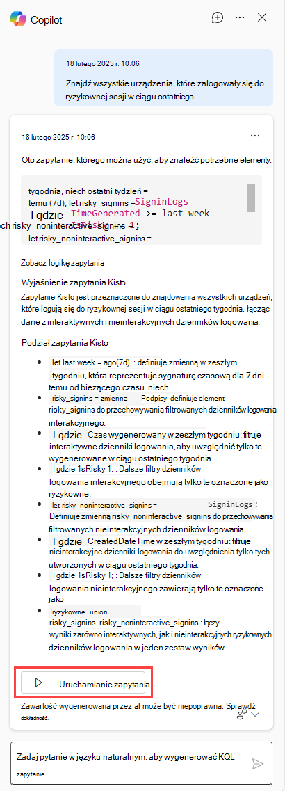 Wycinek ekranu przedstawiający przycisk Copilot przedstawiający polecenie Dodaj zapytanie do edytora zapytań i uruchom je.