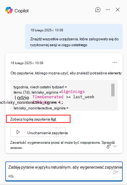 Zrzut ekranu przedstawiający przycisk Copilot przedstawiający logikę zapytania.