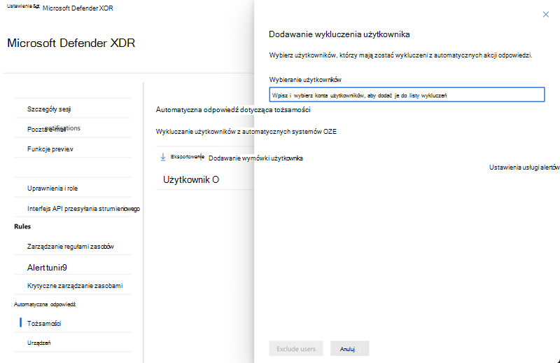 Okienko wysuwane podczas dodawania i wybierania użytkowników do wykluczenia w ustawieniach automatycznej odpowiedzi na zakłócenia ataku