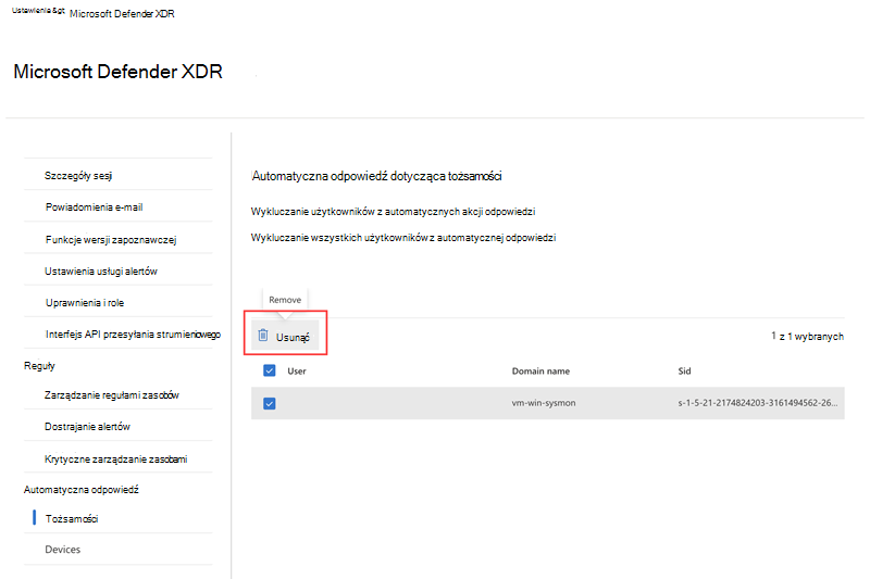 Wyróżnianie opcji usuwania podczas usuwania wykluczonego użytkownika na stronie Tożsamości ustawień automatyzacji zakłóceń ataku
