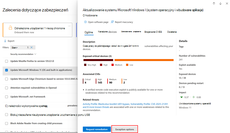 Pokazywanie, gdzie znajdują się opcje wyjątku w wysuwanym poleceniu zabezpieczeń.