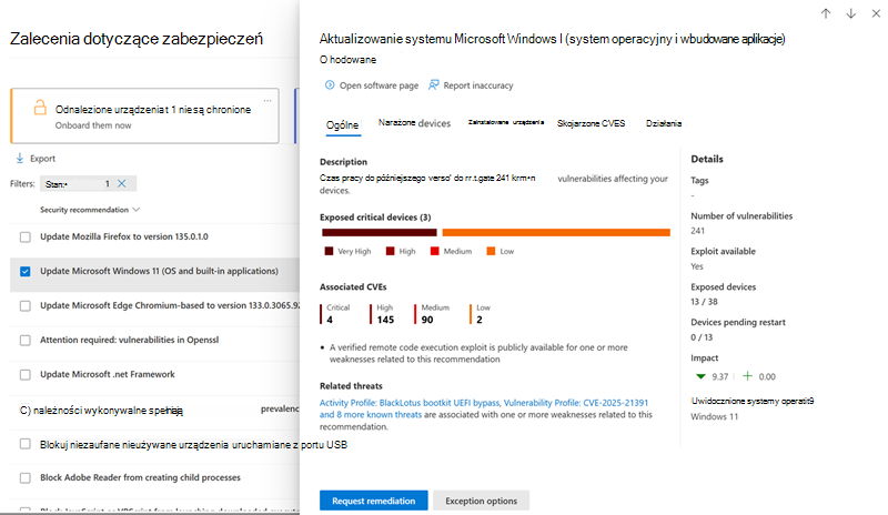 Przykład strony wysuwanej rekomendacji zabezpieczeń.