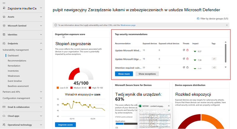 Zrzut ekranu przedstawiający pulpit nawigacyjny zarządzania lukami w zabezpieczeniach z wyróżnionymi zaleceniami dotyczącymi zabezpieczeń.