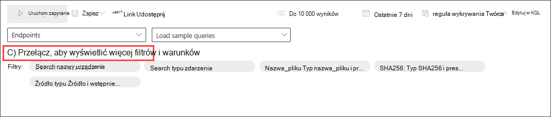 Zrzut ekranu przedstawiający przełączanie konstruktora zapytań trybu z przewodnikiem