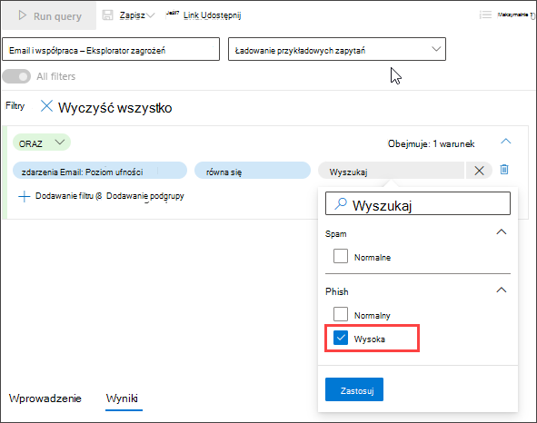 Zrzut ekranu przedstawiający konstruktora zapytań trybu z przewodnikiem, który umożliwia wyszukiwanie wiadomości e-mail z wysokim poziomem zaufania lub wiadomości e-mail z wiadomościami spamu dostarczonymi do skrzynki odbiorczej, pierwszy warunek