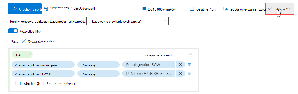 Zrzut ekranu przedstawiający przycisk Edytuj w języku KQL