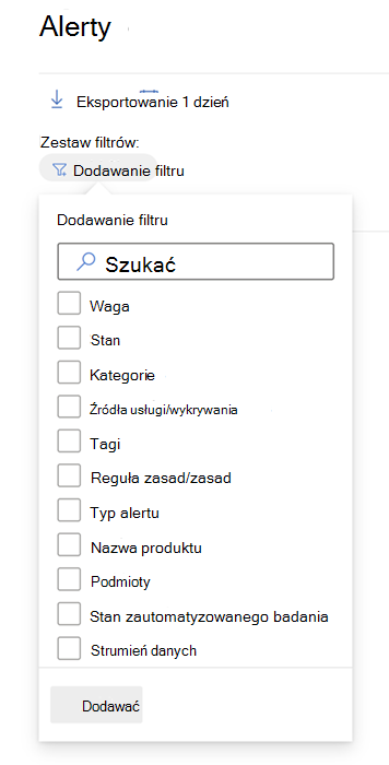 Wszystkie filtry dostępne w kolejce alertów w portalu Microsoft Defender