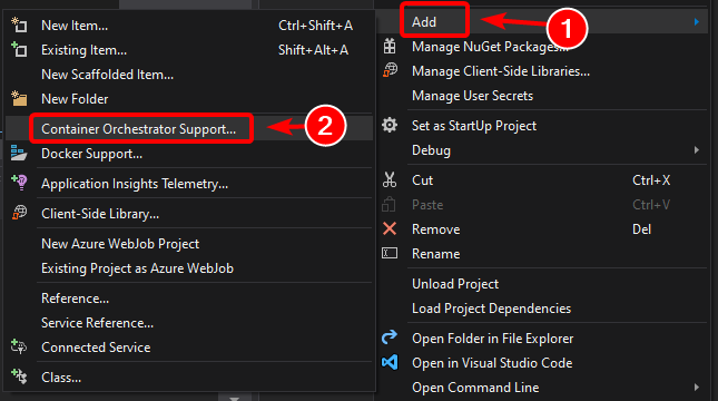 Zrzut ekranu przedstawiający opcję Obsługa orkiestratora kontenerów w menu kontekstowym projektu.