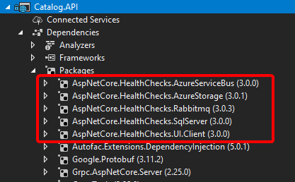 Zrzut ekranu przedstawiający pakiety NuGet AspNetCore.Diagnostics.HealthChecks.