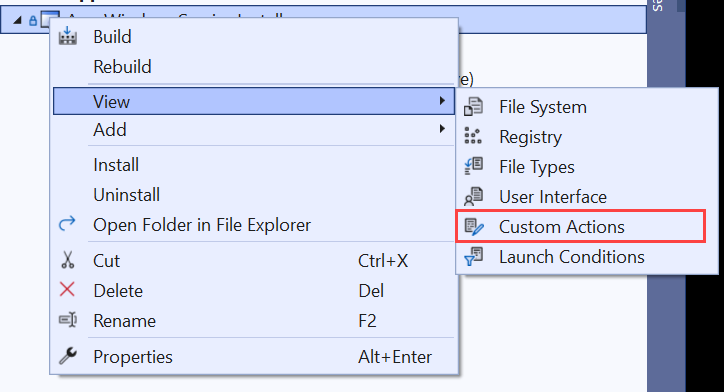 Installer project Custom Actions context menu.