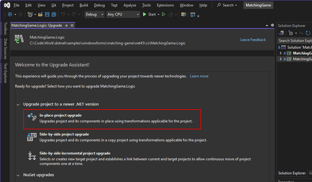 A screenshot of the .NET Upgrade Assistant tab. The 'In-place project upgrade' option is highlighted.