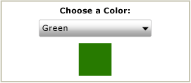 Zrzut ekranu przedstawiający listę rozwijaną z wybraną wartością zielony i zielonym kwadratem.