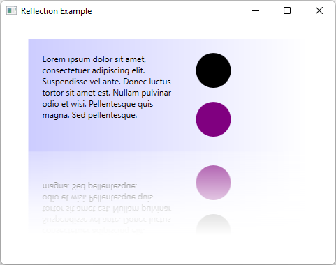 element XAML z tekstem łacińskim i dwoma okręgami, których odbicie do góry nogami jest wyświetlane poniżej.