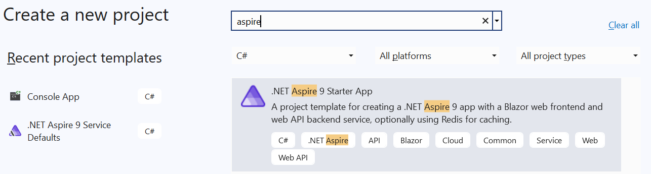 Tworzenie aplikacji startowej platformy .NET Aspire 9 w programie Visual Studio