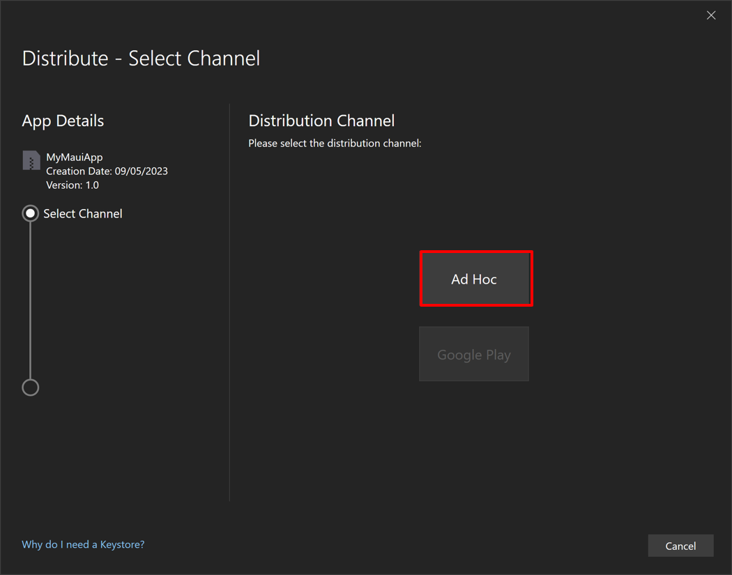 Screenshot of selecting a distribution channel in the distribution dialog.