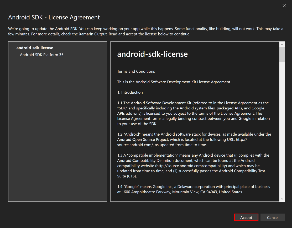 Trzecie okno umowy licencyjnej zestawu SDK systemu Android.