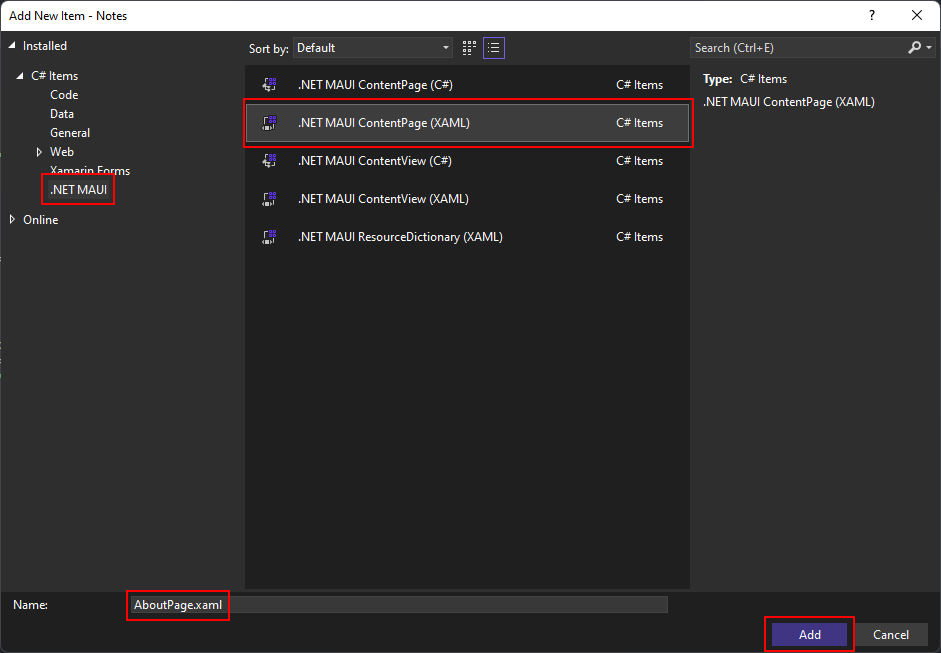 Dodawanie nowego elementu ContentPage do projektu. Element ContentPage nosi nazwę AboutPage.xaml.