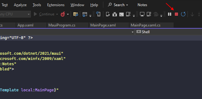 Przycisk Zatrzymaj debugowanie programu Visual Studio.