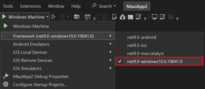 Element docelowy debugowania programu Visual Studio ustawiony na system Windows dla aplikacji .NET MAUI 9.