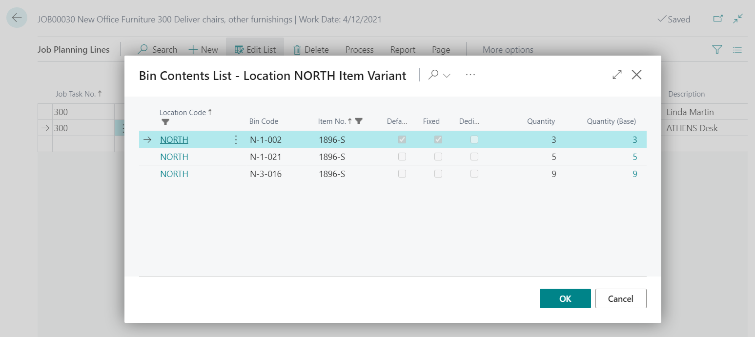 Bin Content page in Job Planning Line