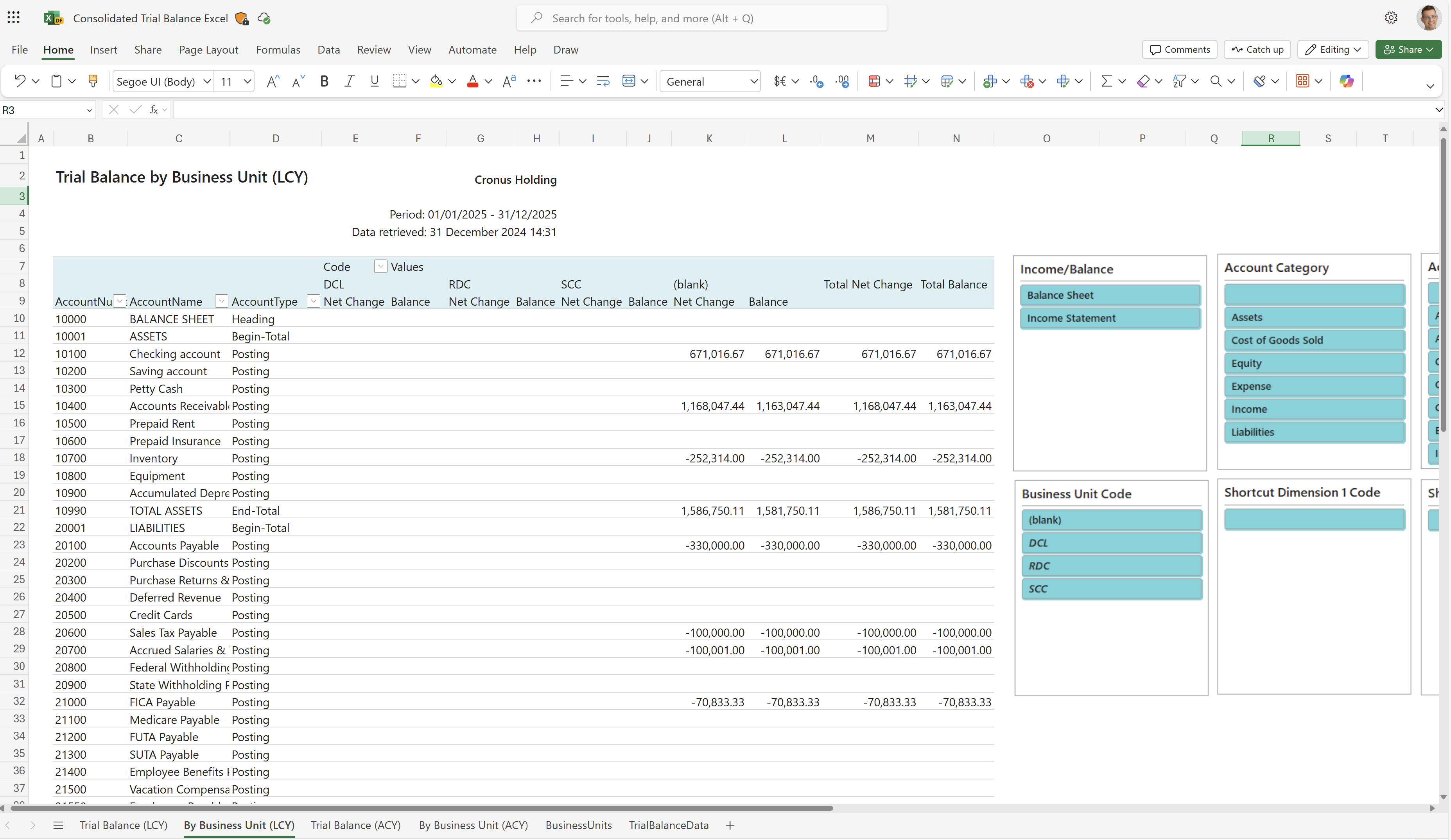 Screenshot of the By Business Unit (LCY) worksheet