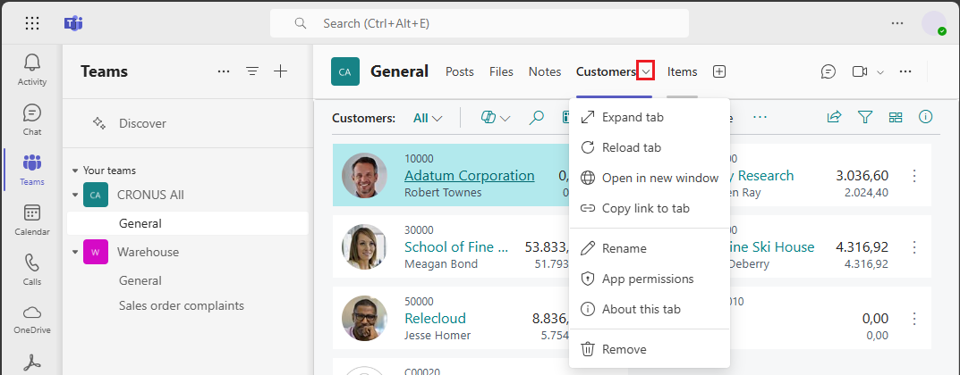 Shows the Business Central tab configuration window in Teams and the tab options menu