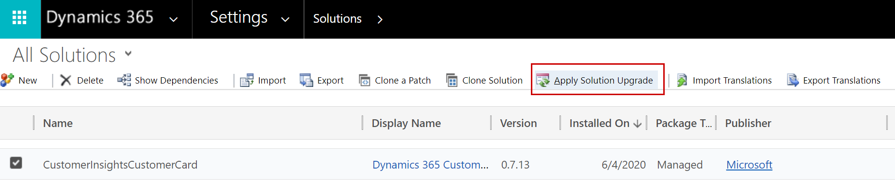 Uaktualnianie rozwiązania w obszarze Dostosowywanie aplikacji Dynamics 365.