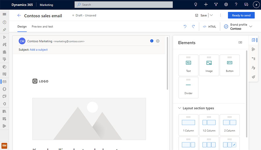 Zrzut ekranu przedstawiający wiadomość e-mail w Customer Insights - Journeys.