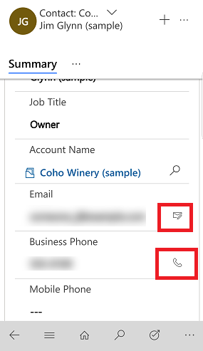 Dynamics 365 na telefony i tablety, wysyłanie wiadomości e-mail oraz rozmowy telefoniczne.