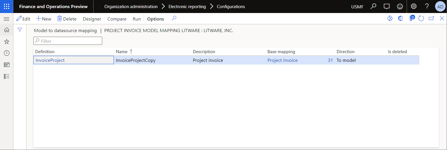 Przeglądanie dostosowanych mapowań modelu faktury projektu na stronie Mapowanie modelu do źródła danych.