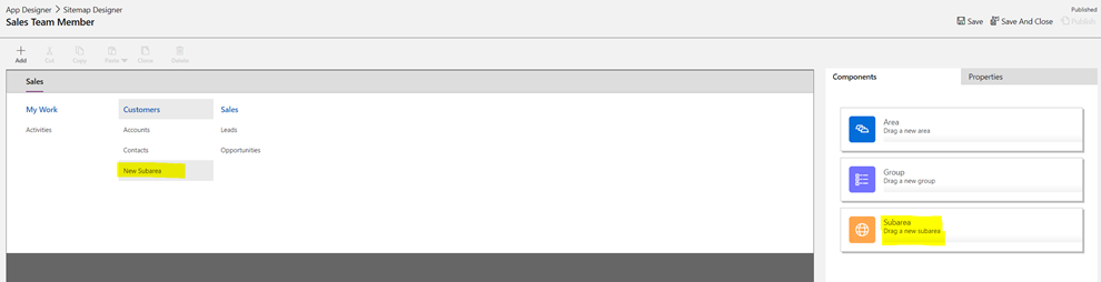 New Subarea component added to the Customer section in Sitemap Designer.
