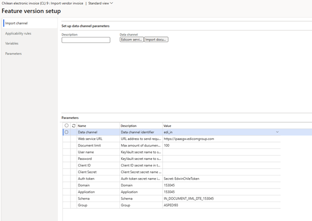 Screenshot that shows the configured Feature setup parameters of the Import channel for the Globalization feature for Chile.