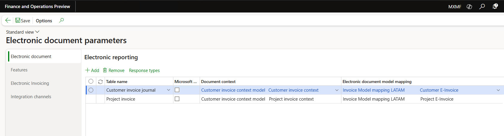 Screenshot of the setup on the Electronic document tab of the Electronic document parameters page.