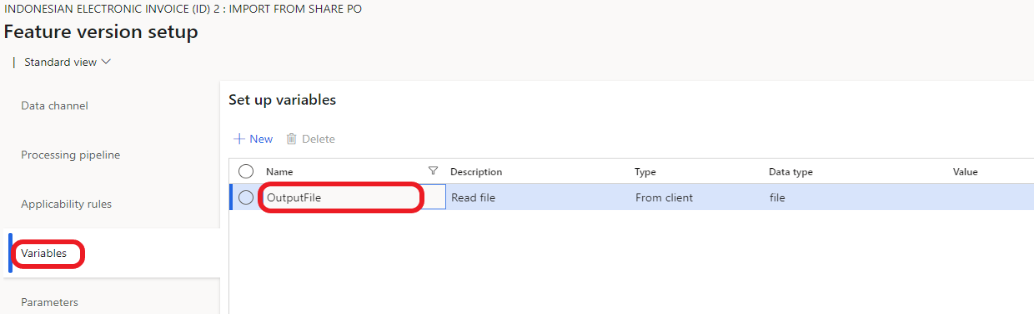 Screenshot that shows the Variables tab for the Vendor invoice feature setup.