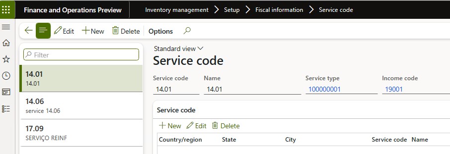 Income classification setup on the Service code page.